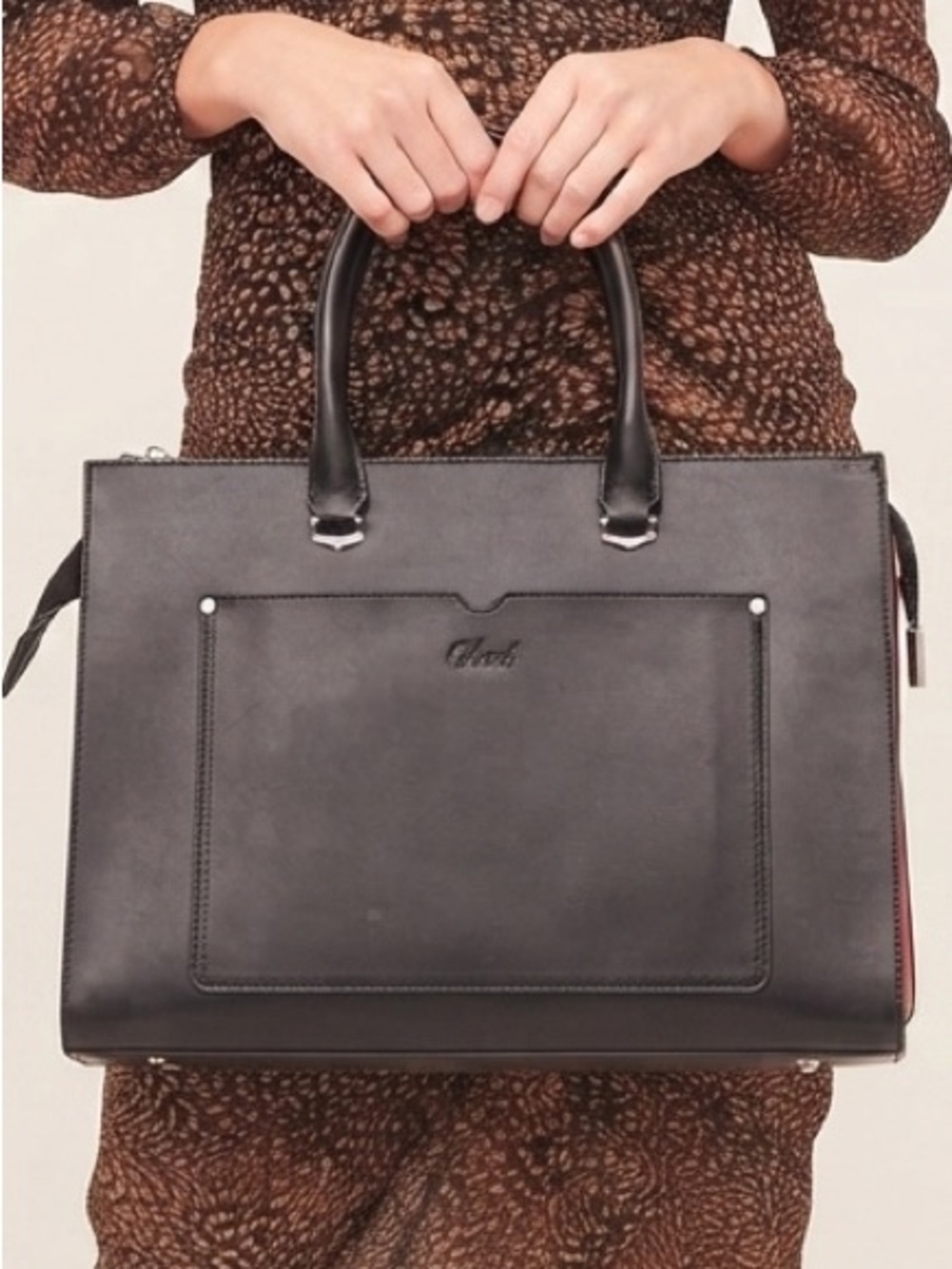 Cluci Black Vegan Leather Laptop Briefcase Shoulder Bag Tote Colorblock Gusset